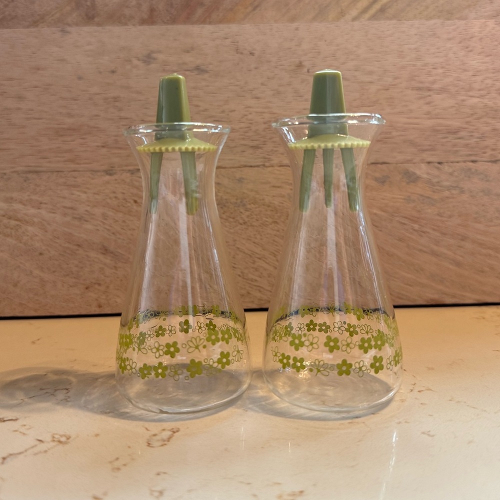 Vintage Pyrex Corelle Salt & Pepper Shakers Spring Blossom Crazy Daisy Green